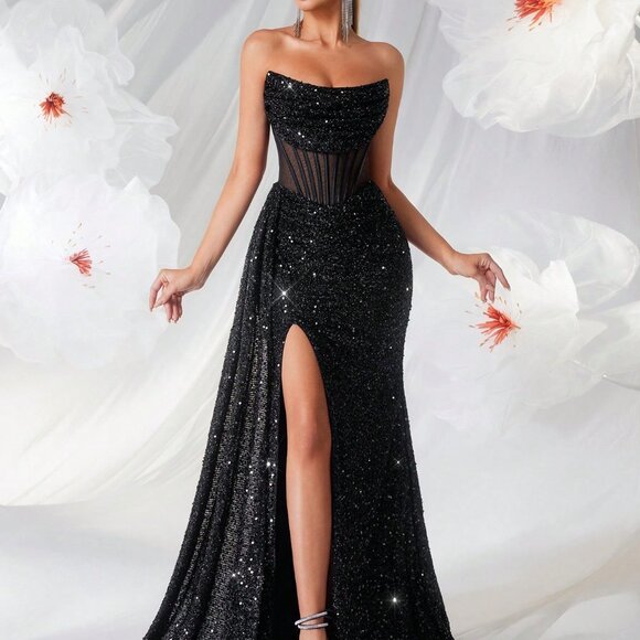Black Elegant Women's Sequin Off Shoulder Hollow-Out Prom Dress - Picture 6 of 7
